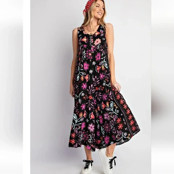 Easel Black Floral Flowers Wide Leg Jumpsuit New - Picture 4 of 4